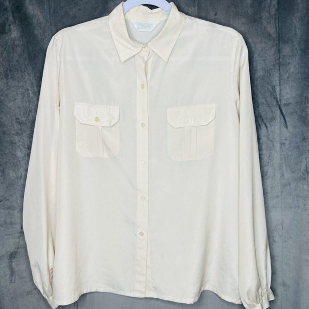 Vintage Alicia Blouse Long Sleeve Button Up Sheer Roll Tab Front Pocket Sz 14